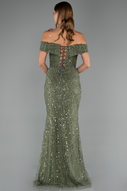 Abendkleid Lang Perlenbesetzt Khaki ABU5492