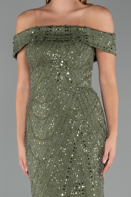 Abendkleid Lang Perlenbesetzt Khaki ABU5492