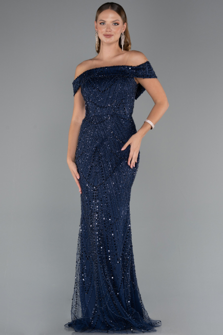 Abendkleid Lang Perlenbesetzt Marineblau ABU5492