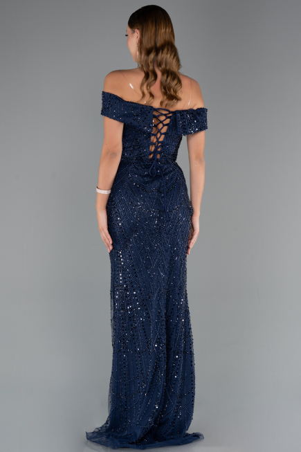 Abendkleid Lang Perlenbesetzt Marineblau ABU5492