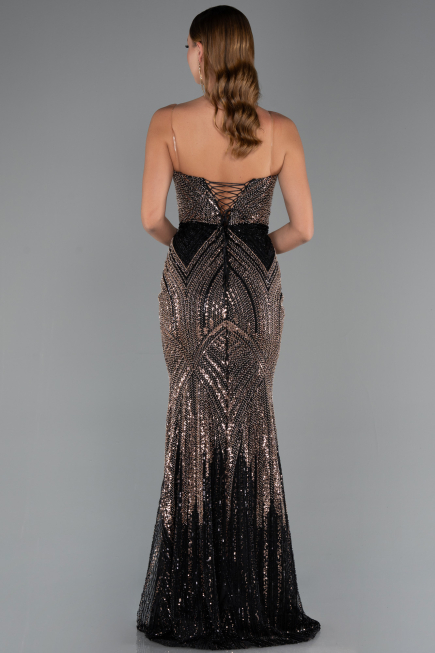 Schwarz Abendkleid İm Meerjungfrau-Stil Schuppig Lang ABU5112