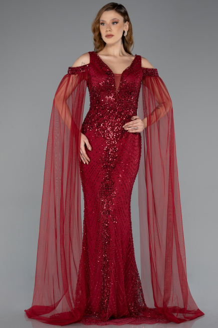 Abendkleid Lang Perlenbesetzt Weinrot ABU5497