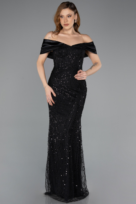 Abendkleid Lang Perlenbesetzt Schwarz ABU5503