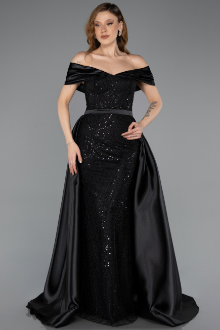 Abendkleid Lang Perlenbesetzt Schwarz ABU5503