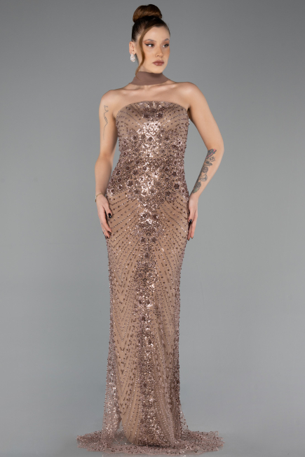Abendkleid Lang Perlenbesetzt Kupfer ABU5438