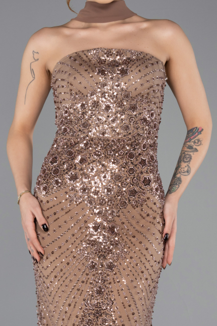 Abendkleid Lang Perlenbesetzt Kupfer ABU5438