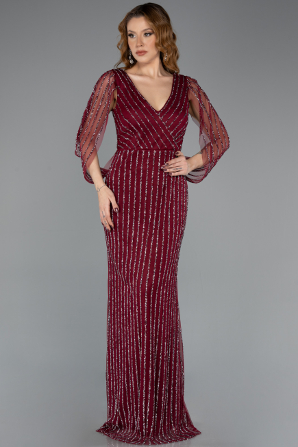 Abendkleid Lang Steinbesetzt Weinrot ABU5475