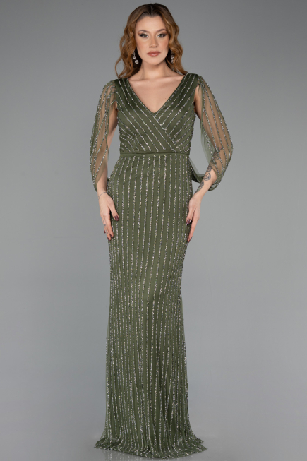 Abendkleid Lang Steinbesetzt Khaki ABU5475