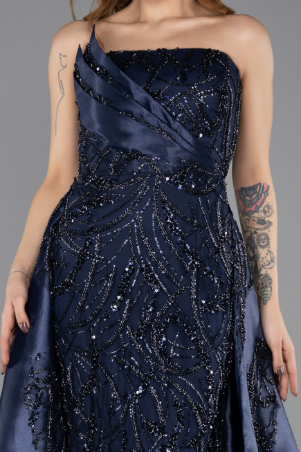 Abendkleid Lang Perlenbesetzt Marineblau ABU5511
