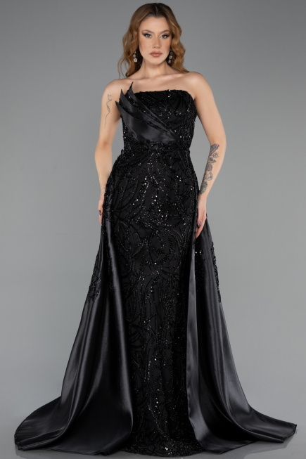 Abendkleid Lang Perlenbesetzt Schwarz ABU5511