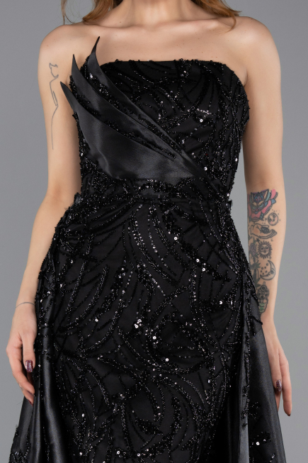Abendkleid Lang Perlenbesetzt Schwarz ABU5511