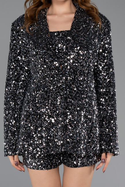 Partykleid Kurz Pailletten-Samt Schwarz-Silber ABK2481