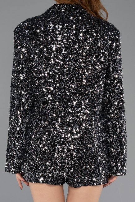 Partykleid Kurz Pailletten-Samt Schwarz-Silber ABK2481