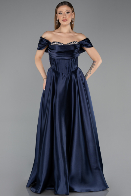 Abendkleid Lang Satin Marineblau ABU5530