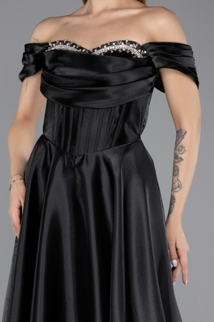 Abendkleid Lang Satin Schwarz ABU5530