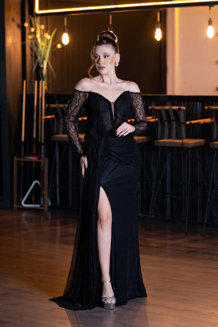 Abendkleid Lang Spitze Schwarz ABU5509