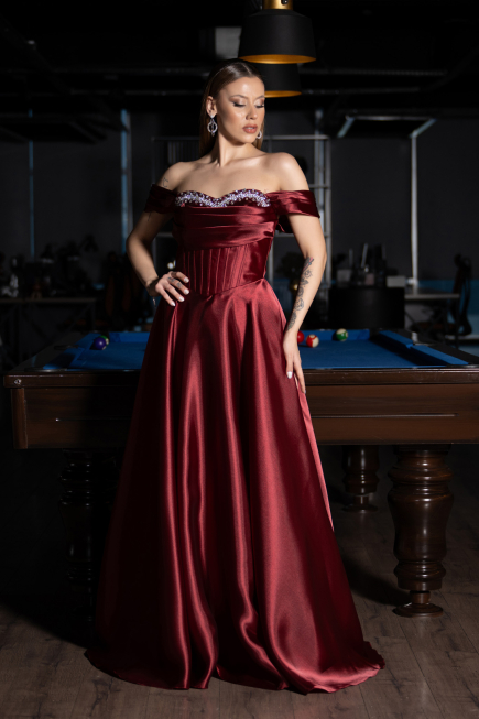 Abendkleid Lang Satin Weinrot ABU5530