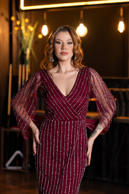 Abendkleid Lang Steinbesetzt Weinrot ABU5475