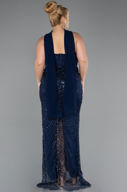 Abendkleid in Übergröße Lang Perlenbesetzt Marineblau ABU5495
