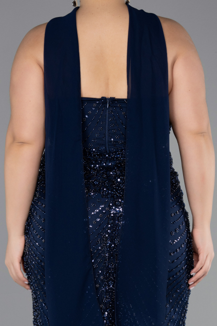 Abendkleid in Übergröße Lang Perlenbesetzt Marineblau ABU5495