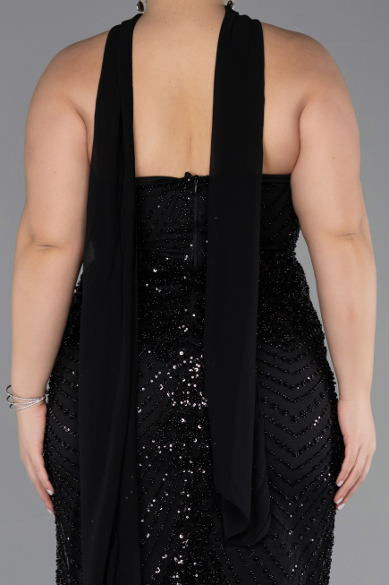 Abendkleid in Übergröße Lang Perlenbesetzt Schwarz ABU5495