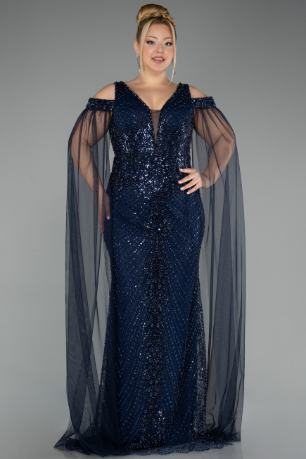 Abendkleid in Übergröße Lang Perlenbesetzt Marineblau ABU5498