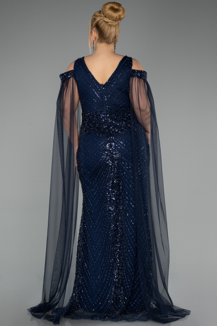 Abendkleid in Übergröße Lang Perlenbesetzt Marineblau ABU5498