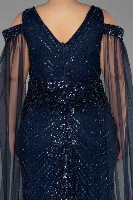 Abendkleid in Übergröße Lang Perlenbesetzt Marineblau ABU5498
