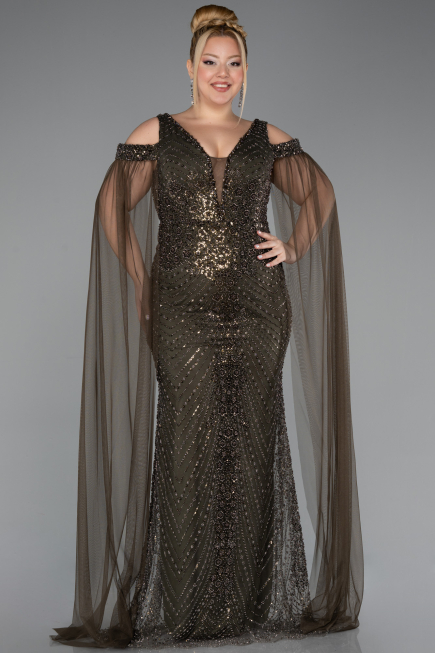 Abendkleid in Übergröße Lang Perlenbesetzt Khaki ABU5498