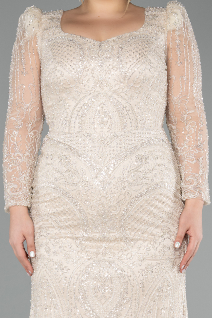 Abendkleid Lang Perlenbesetzt Beige ABU5387