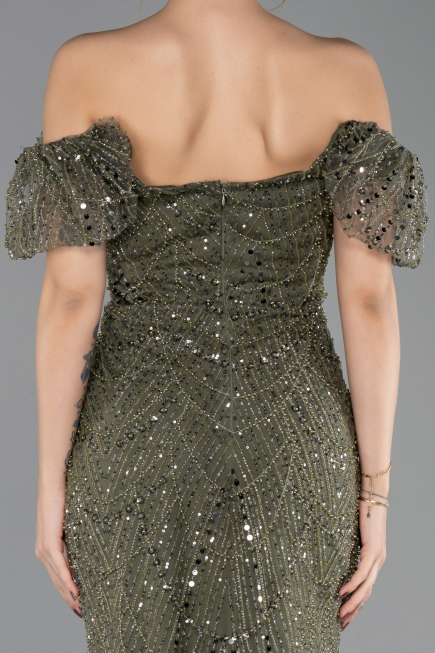 Abendkleid Lang Perlenbesetzt Khaki ABU5547