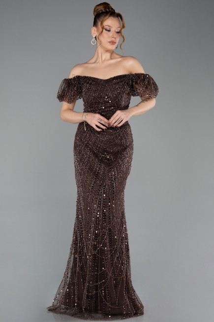 Abendkleid Lang Perlenbesetzt Braun ABU5547