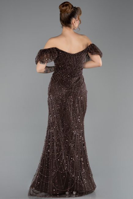 Abendkleid Lang Perlenbesetzt Braun ABU5547
