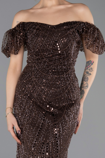 Abendkleid Lang Perlenbesetzt Braun ABU5547