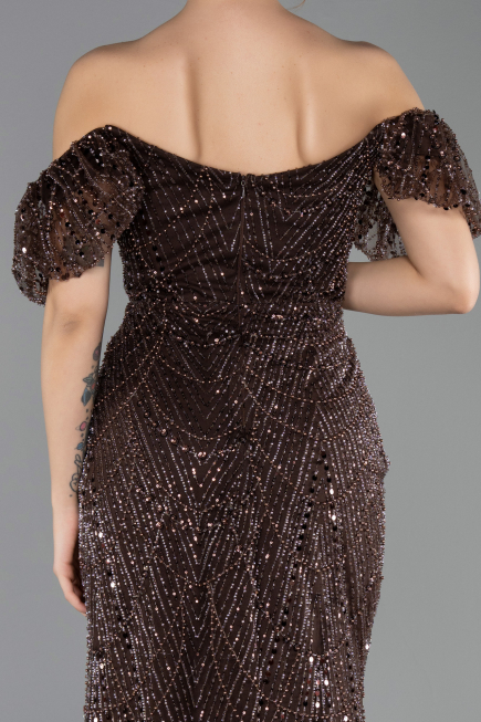 Abendkleid Lang Perlenbesetzt Braun ABU5547