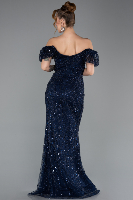 Abendkleid Lang Perlenbesetzt Marineblau ABU5547