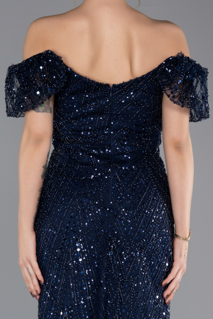 Abendkleid Lang Perlenbesetzt Marineblau ABU5547
