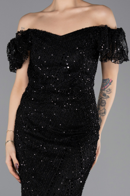 Abendkleid Lang Perlenbesetzt Schwarz ABU5547