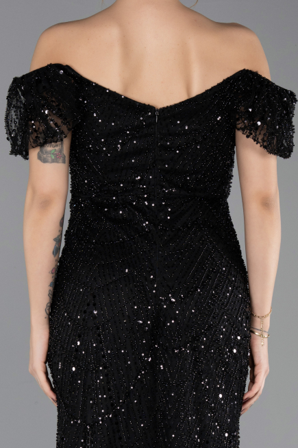 Abendkleid Lang Perlenbesetzt Schwarz ABU5547