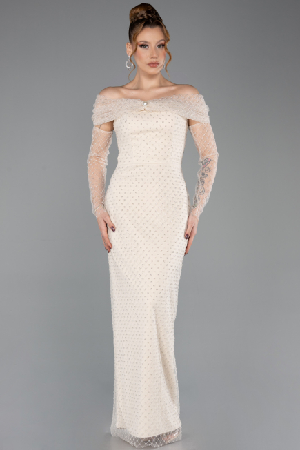 Abendkleid Lang Perlenbesetzt Beige ABU5550