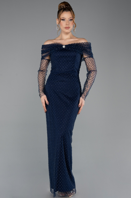 Abendkleid Lang Perlenbesetzt Marineblau ABU5550