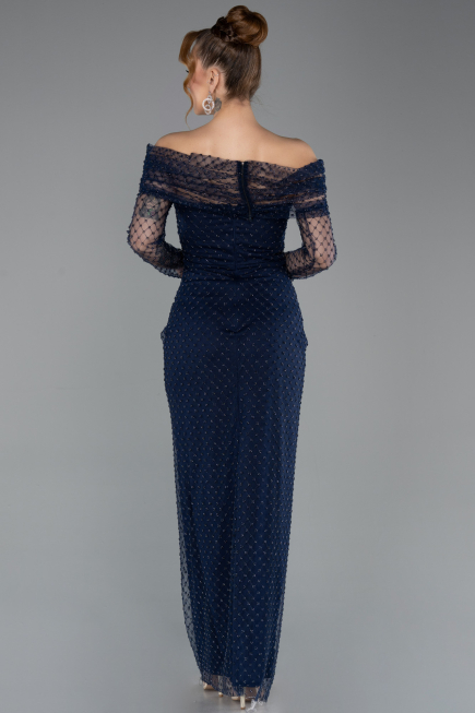 Abendkleid Lang Perlenbesetzt Marineblau ABU5550