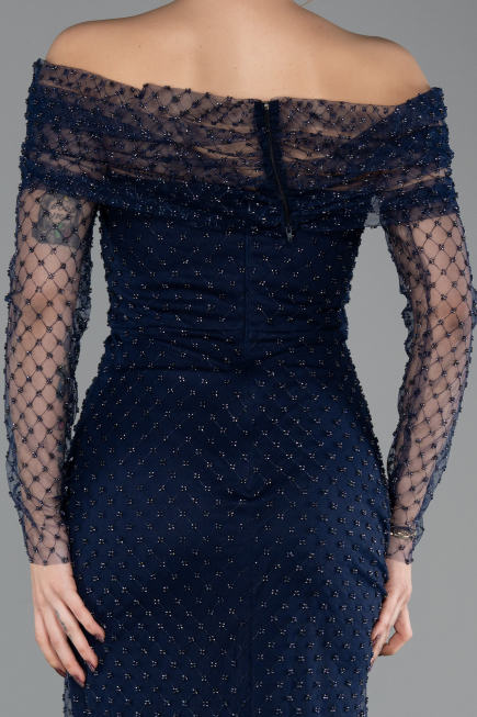 Abendkleid Lang Perlenbesetzt Marineblau ABU5550