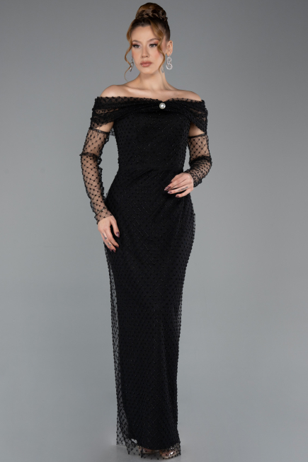 Abendkleid Lang Perlenbesetzt Schwarz ABU5550