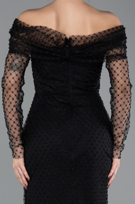 Abendkleid Lang Perlenbesetzt Schwarz ABU5550
