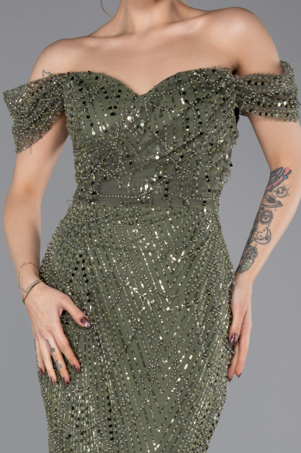 Abendkleid Lang Perlenbesetzt Khaki ABU5557