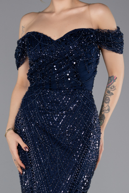 Abendkleid Lang Perlenbesetzt Marineblau ABU5557
