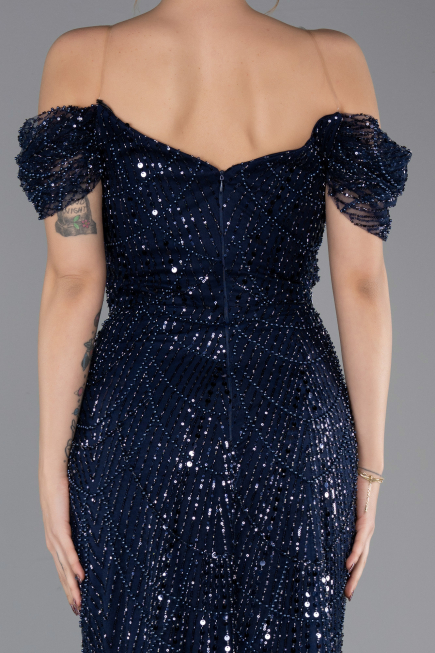 Abendkleid Lang Perlenbesetzt Marineblau ABU5557