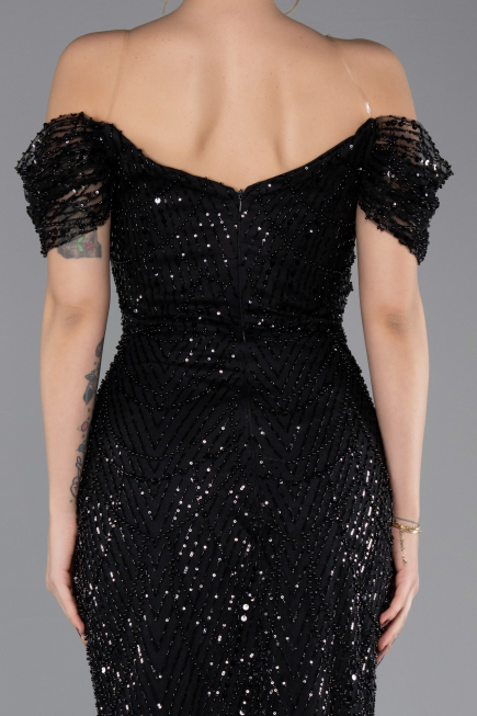 Abendkleid Lang Perlenbesetzt Schwarz ABU5557