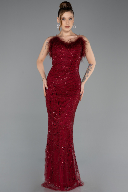 Abendkleid Lang Perlenbesetzt Weinrot ABU5590